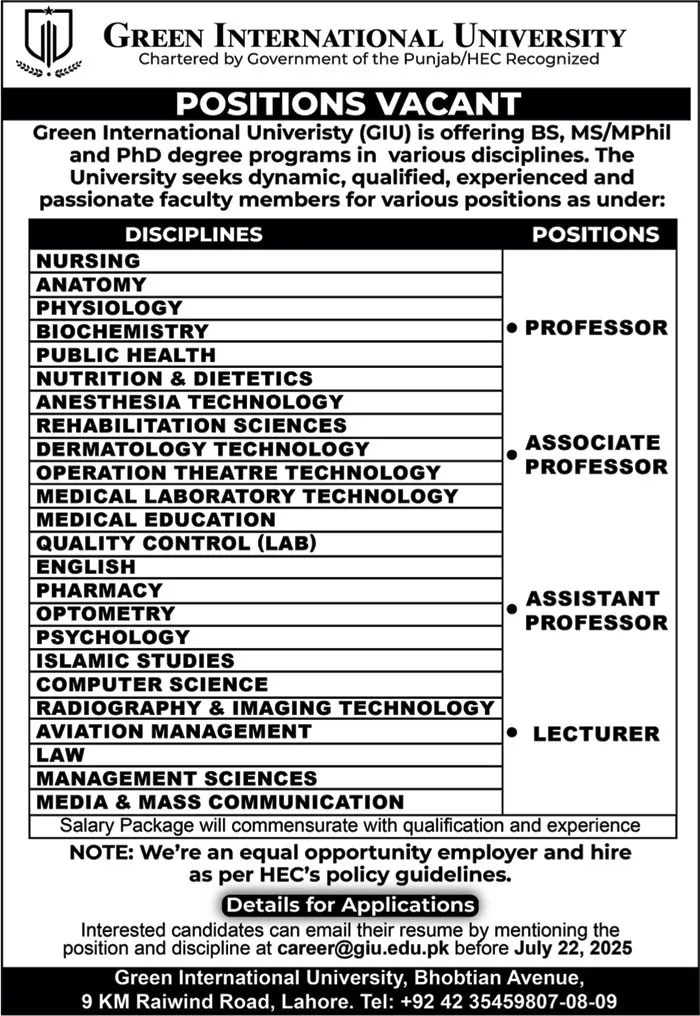 Green International University Jobs 2026 - Lahore Teaching