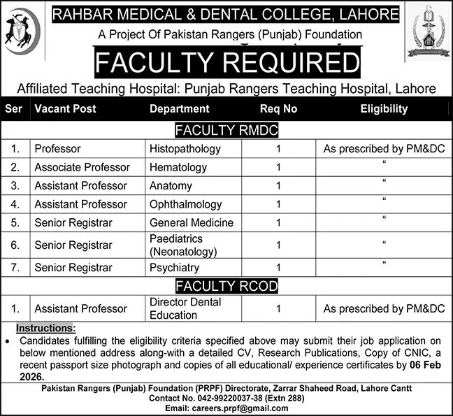 Rahbar Medical & Dental College Lahore Cantt Jobs 2026